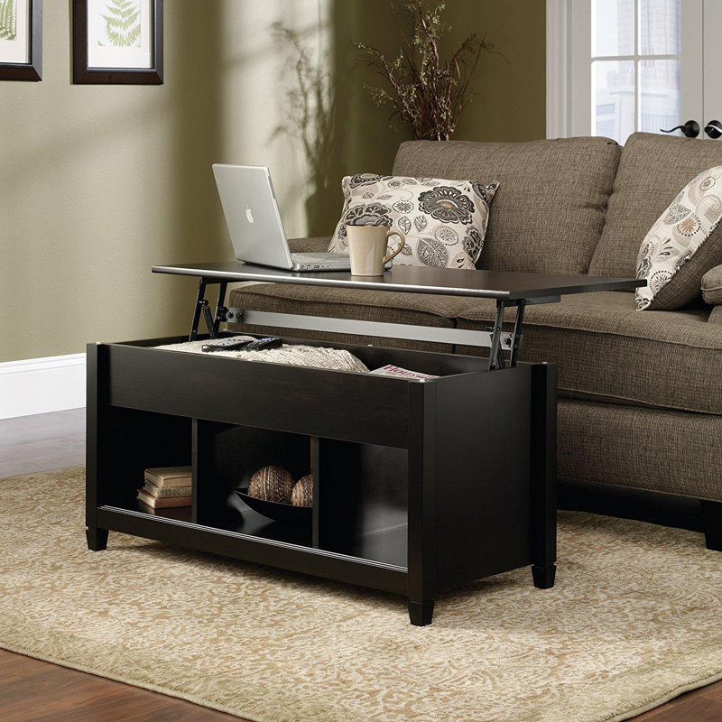 Black 39.96in Rectangular P2 Board Liftable Double-Layer Solid Wood Leg Coffee Table, Black, Black