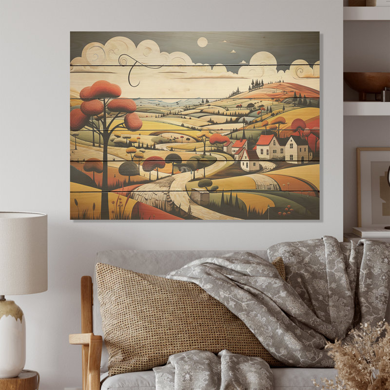 Paysage champêtre de Stijl Lansdcape - campagne, art mural sur bois de pin naturel, H 30 po x l 40 po