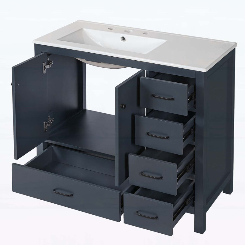 Meuble-lavabo de 36 po avec lavabo, armoire de rangement abondante - 2 portes à fermeture douce et 5 tiroirs, Bleu