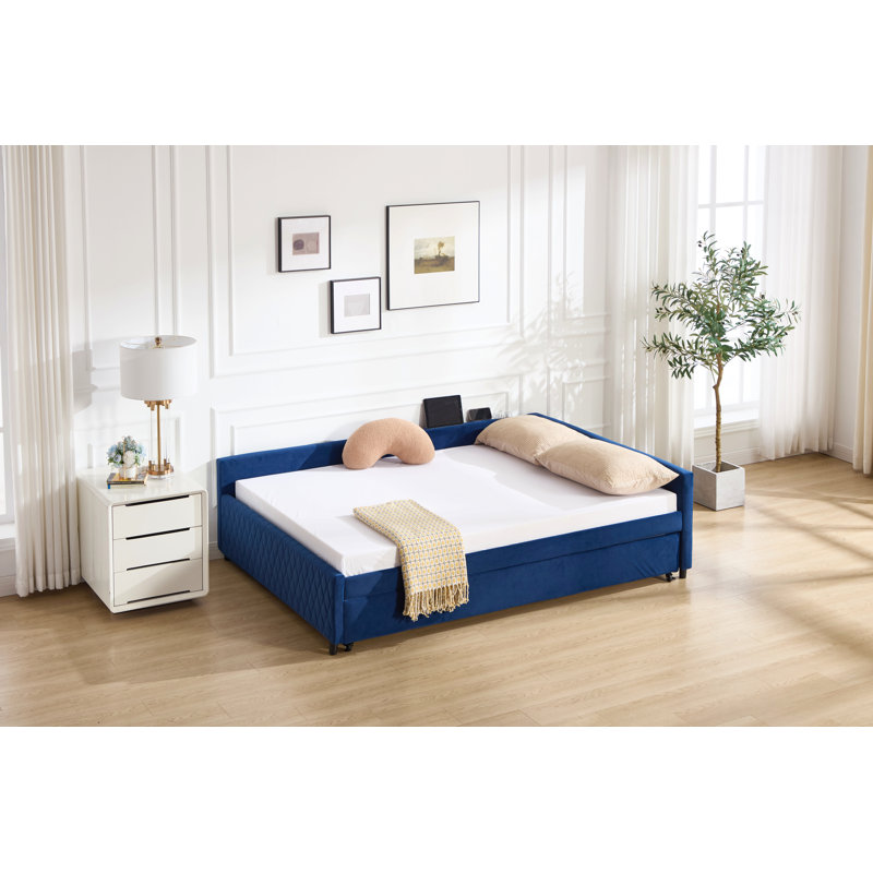 Upholstered Daybed With Trundle,Sturdy Wooden Bed Frame, Modern Diamond Grid Design,For Bedroom, Guest Room, Navy