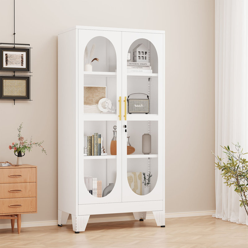  Modern Glass Door Display Cabinet with 3 Adjustable Shelves, White