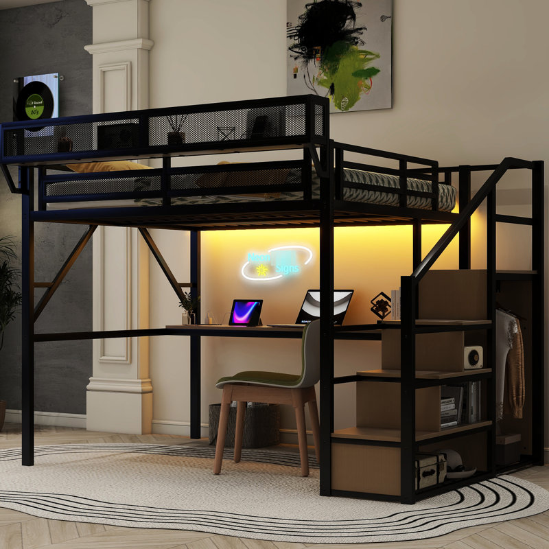 Grand lit mezzanine avec escalier, bureau, station de charge, rangement, métal, 400 lb, noir, lumières de chambre à coucher avec charge en métal et garde-robe, espace d'étude