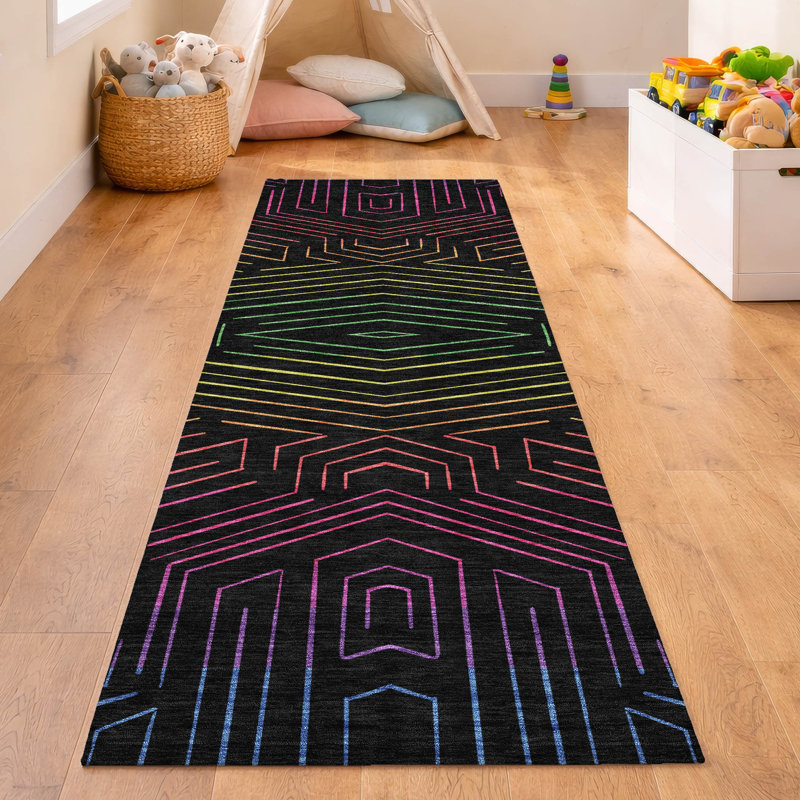 Machine Washable Indoor/Outdoor Chantille ACN2830 Kids Rug, 2'3" x 7'6" Runner, Black