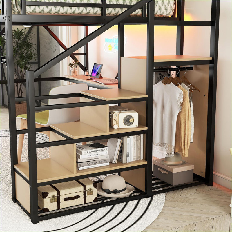 Classic Black Queen Size Metal Storage Loft Bed Frame with Integrated Desk and Built-In Charging Station, Queen