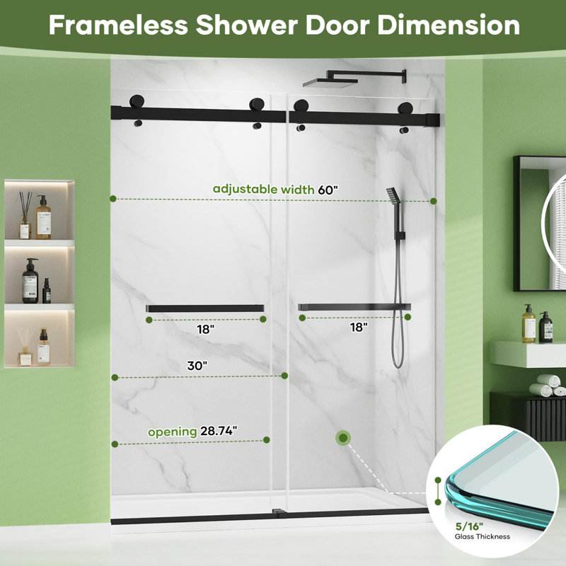 60'' W X 74'' H Door Double Sliding Frameless Shower Door With 8Mm Easy Clear Tempered Glass, Matte Black