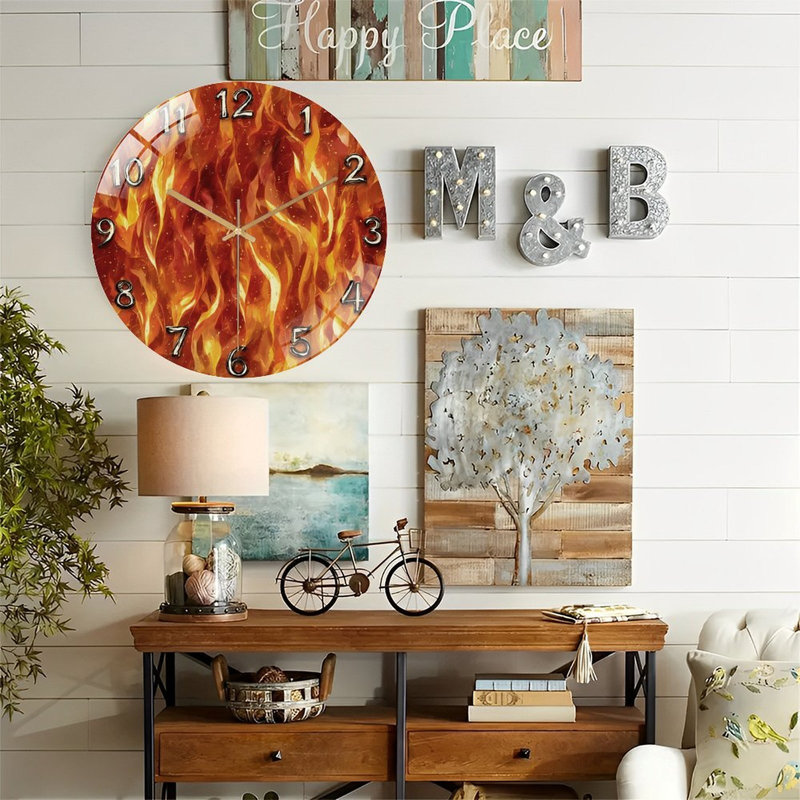 Fire Background Clock Numbers Art - 12'' Modern Glass Wall Clock