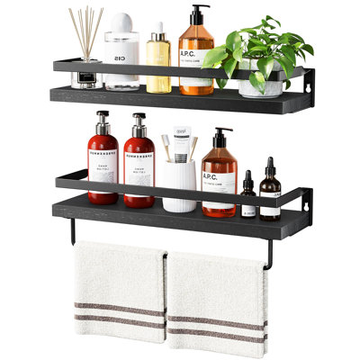 Paulownia Wood Floating Shelves with Detachable Towel Bar & Metal Guard Rails | Wall Mount Storage Shelf for Bathroom, Living Room & Kitchen