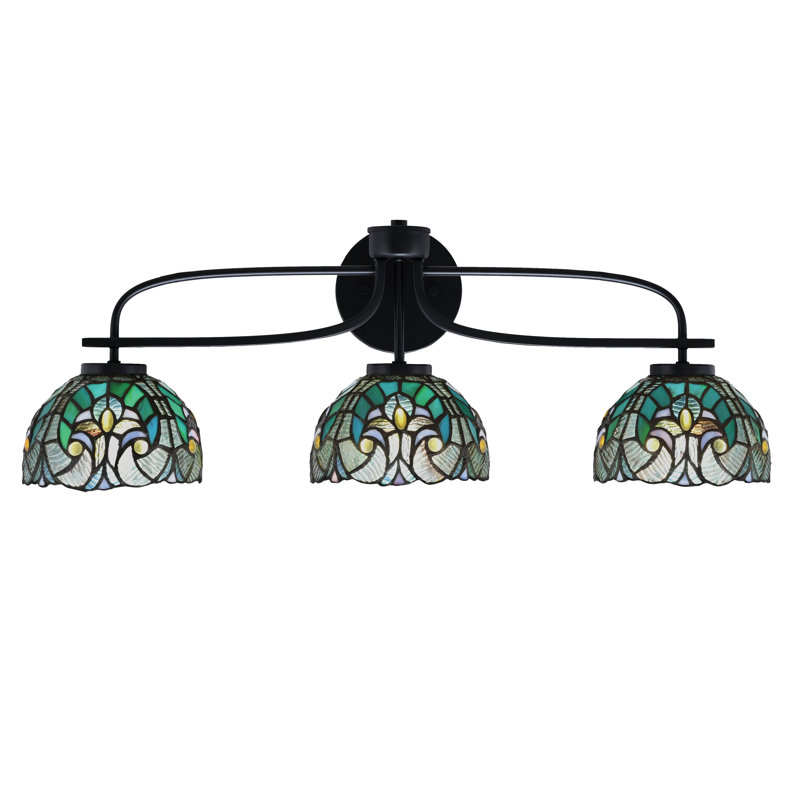Barre d'éclairage de salle de bain 3 lumières Ameleah Cavella au fini noir mat avec verre d'art cyprès turquoise de 7 po