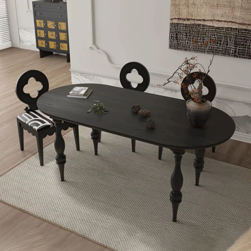 Table de salle à manger ovale noire avec pieds tournés en bois massif, H 29,53 po x L 78,74 po x l 31,50 po