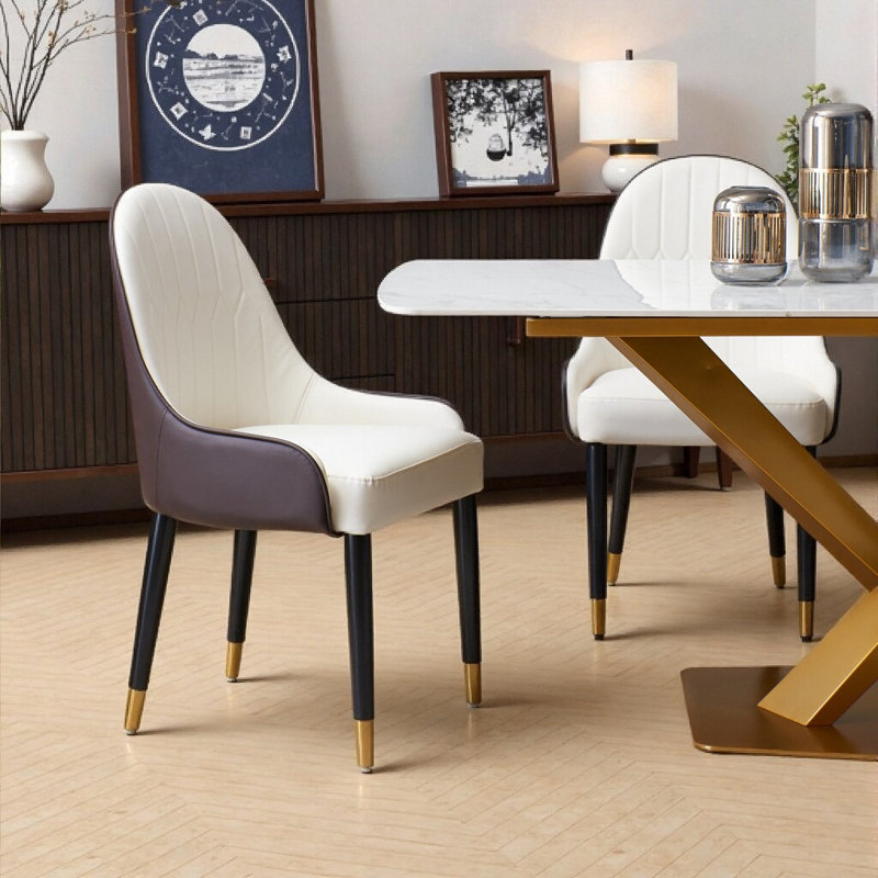 Ensemble de 2 chaises de salle à manger modernes - Revêtement en similicuir avec pieds en métal, Blanc / Brun