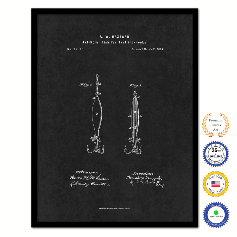 " 1874 Fishing Artificial Fish For Trolling Hooks Vintage Patent Artwork ", 9" H x 7" W