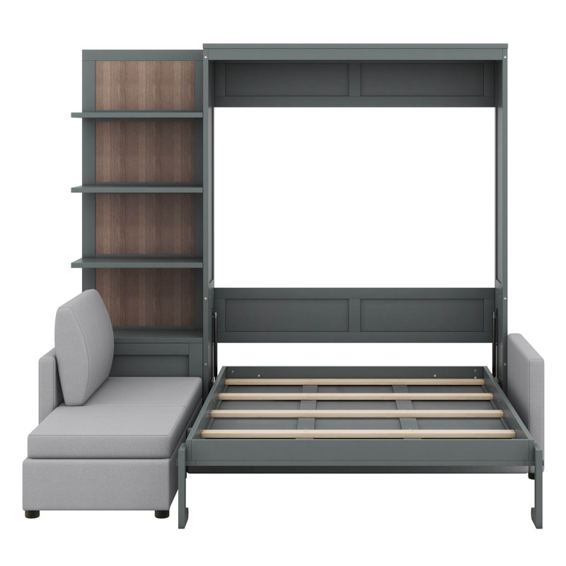 Grand lit escamotable avec canapé, lit escamotable avec tablettes, lit multifonctionnel peu encombrant, Gris