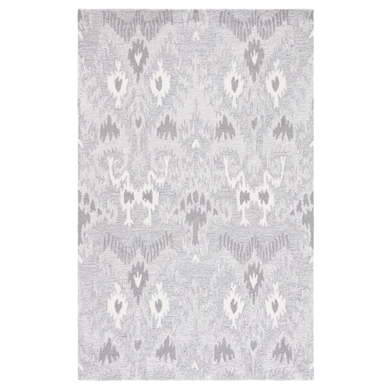 Ikat Hand Tufted Wool/Cotton Ikat Rug in Ivory/Grey, Rectangle 8' x 10'