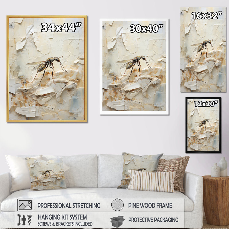 Minimalisme, fourmi beige, collage sur toile, Cadre simple blanc, H 32 po x l 16 po x P 1 po
