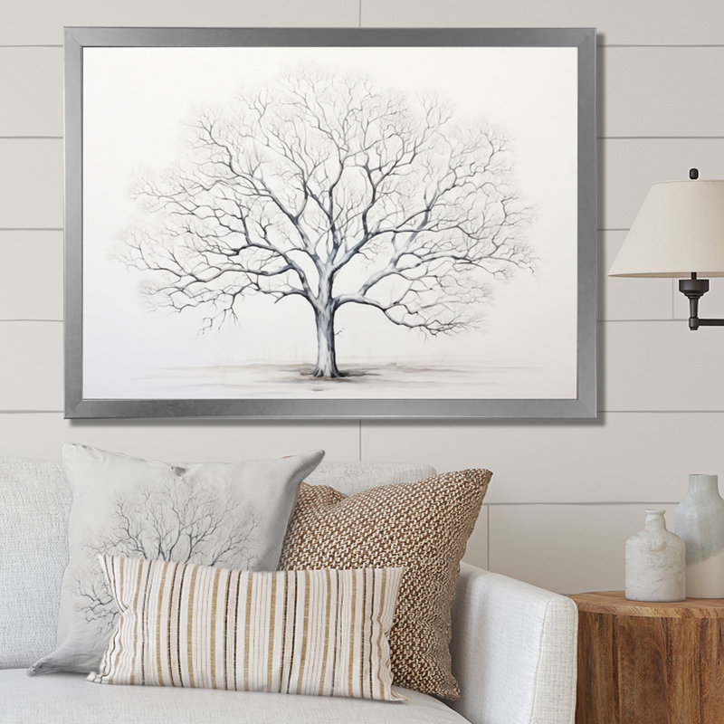 White Tree Monochrome Simplicity - Floral Wall Art Living Room, Cadre photo argenté, H 30 po x l 40 po x P 1,5 po