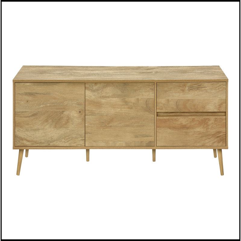 Meuble télé, console de 72 po, meuble multimédia, tiroirs de rangement, armoire de rangement, stratifié noyer, style Mid-Century