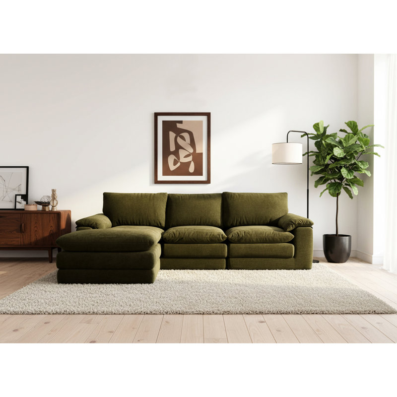 Canapé modulaire modulaire en forme de L avec 1 oreiller mobile et moelleux, 3 sièges pour appartement, accoudoirs coussinés, appartement en chenille confortable avec dossier