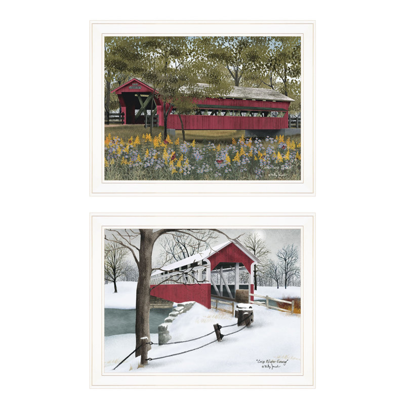 Set of Two White Framed Covered Bridge Prints Wall Art