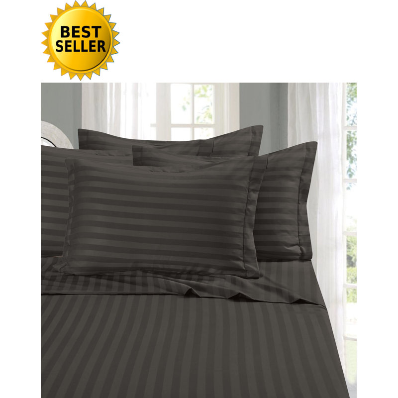 Ensemble de literie à rayures damassées 6 pièces Elegant Comfort, microfibre 1500 fils, infroissable, Gris, Queen