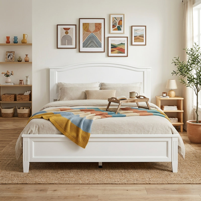 Structure de lit plateforme en bois massif blanc pleine grandeur avec tête de lit incurvée, capacité de 600 lb, aucun sommier requis, assemblage facile, structure de lit classique pour la chambre à coucher