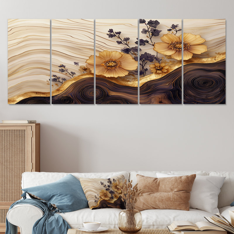 Fleurs sauvages sur une rivière en bois I - Art mural fleurs sauvages - ensemble de 5 décorations murales traditionnelles