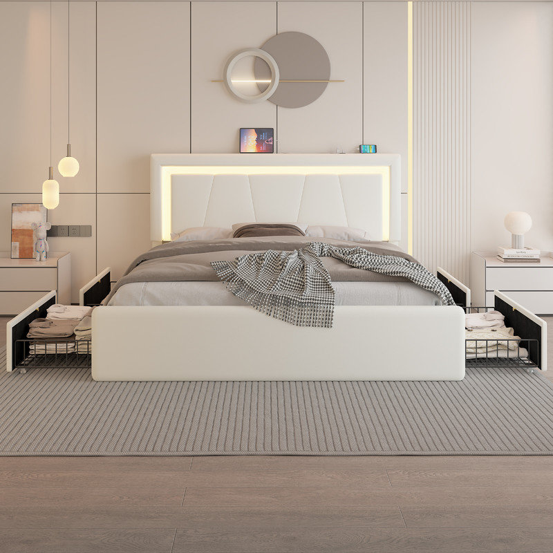 Upholstered Bed Frame with 4 Large Drawers,RGB LED Lights, Adjustable Headboard, Easy to Assemble, White, Queen