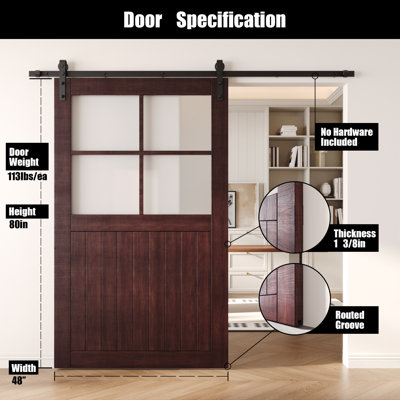 Porte de grange coulissante en bois massif non assemblé 48 x 80 couleur acajou rouge