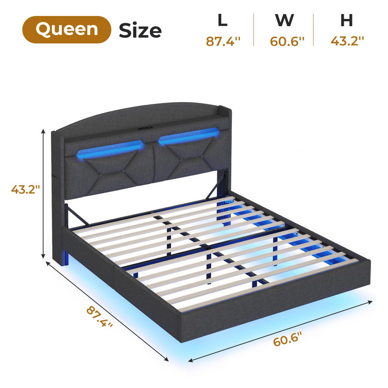 Floating Bed Frame With Power Outlet, Storage Headboard With Hidden Cubby, Rgb Floating Platform Bed With Led Lights, No Box Spring Needed, Quick Setup System, Dark Grey