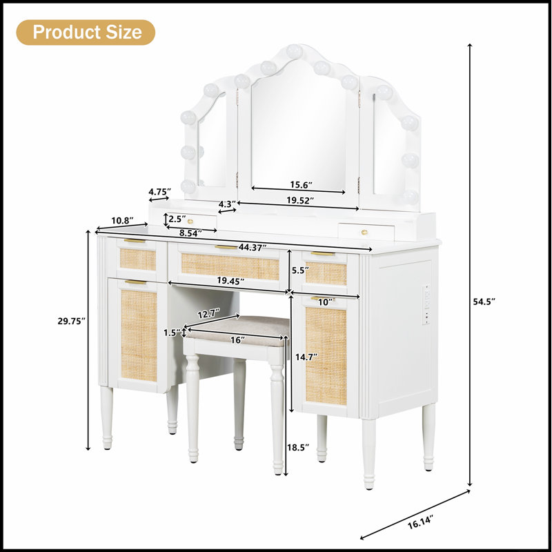 Meuble-lavabo chic avec 13 ampoules Hollywood, 3 modes d'éclairage et beaucoup de rangement pour les essentiels et les appareils de beauté