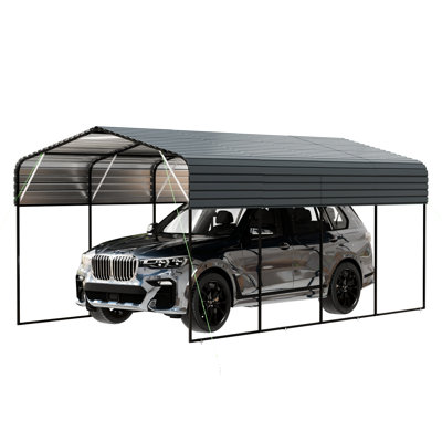 Heavy Duty 11X19 Ft Carport With Galvanized Steel Roof And Black Frame, Portable Setup For Vehicle Protection In Outdoor Metal Garden Workshop Area