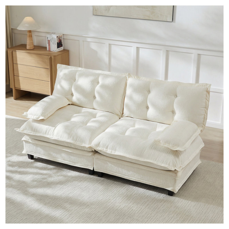 Canapé modulaire 2 places avec canapé à assise profonde en chenille et coussins en treillis Cloud, Chenille beige