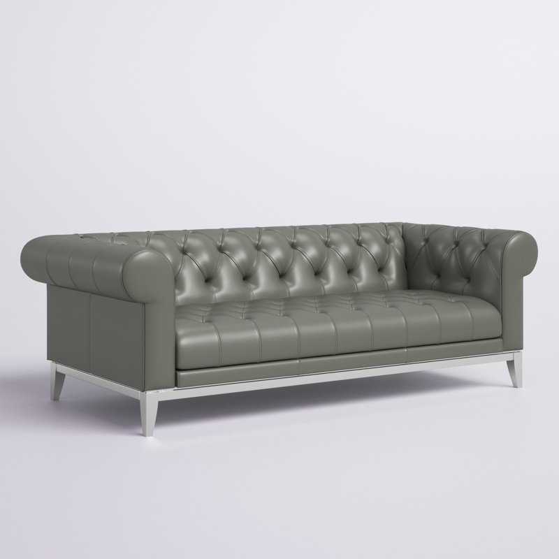 Idyll Tufted Button Upholstered Leather Chesterfield Sofa, Gray Genuine Leather