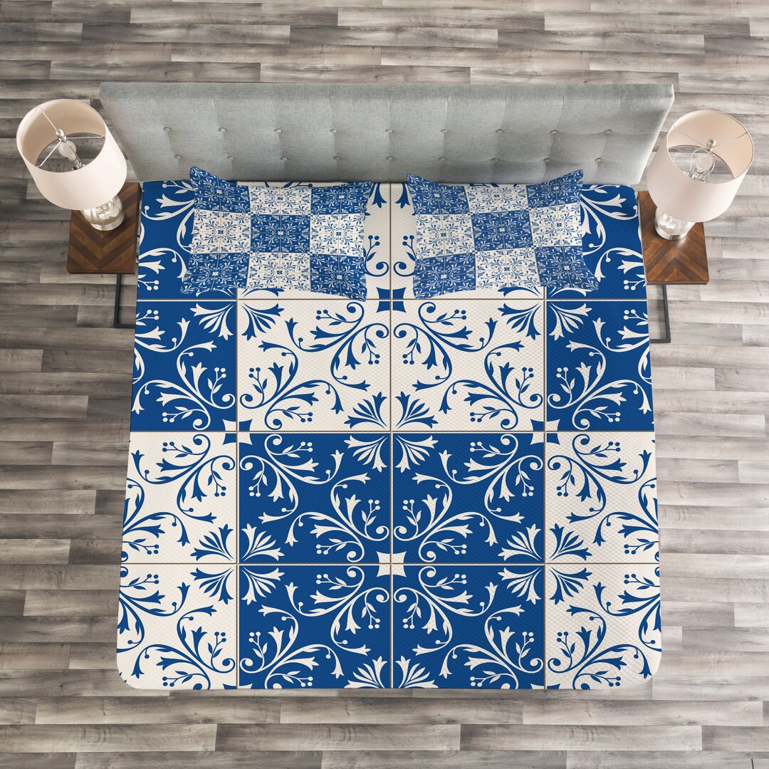 Gestepptes Bettdecken-Set, Portugiesisch Mosaic, Navy White, Marineblau Weiß