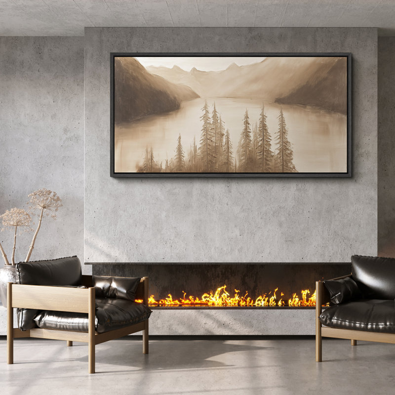 «Sepia Mountain Lake Landscape with Pine Trees - Large Art encadré sur toile, chambre principale, Noir