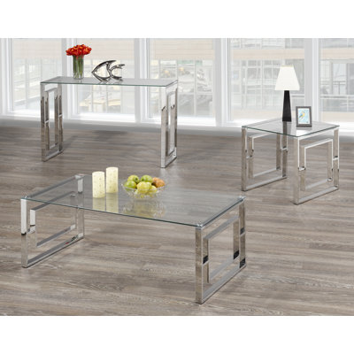 3 Piece Modern Glass Table with Chrome Metal Frame, Art Deco Tempered Glass Living Room Table