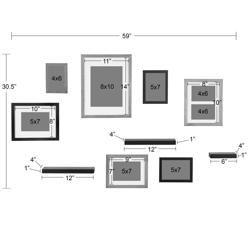 Engineered Wood Picture Frame - Set of 7 with Mat, Black