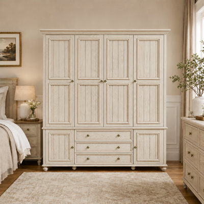 Armoire Clashyee en bois massif de 200 cm de hauteur, avec 3 tiroirs et fermeture amortie, luxueuse armoire à 4 portes pour chambre à coucher, finition blanchie.