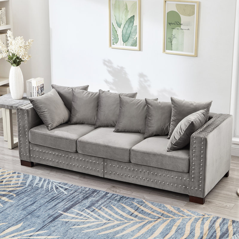 Velours gris à 3 places au design moderne, accoudoirs carrés décorés de clous argentés, pieds en bois massif, siège en éponge haute élasticité, housse amovible, espace de rangement orné de clous, structure, ressort