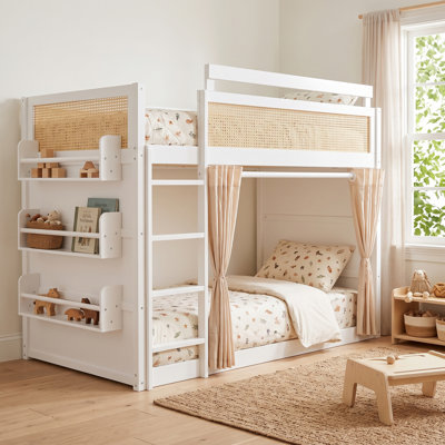 Lit superposé simple avec tablette de rangement à 3 niveaux, décor en rotin, rideaux et lumières d'intimité, cadre en bois moderne, blanc