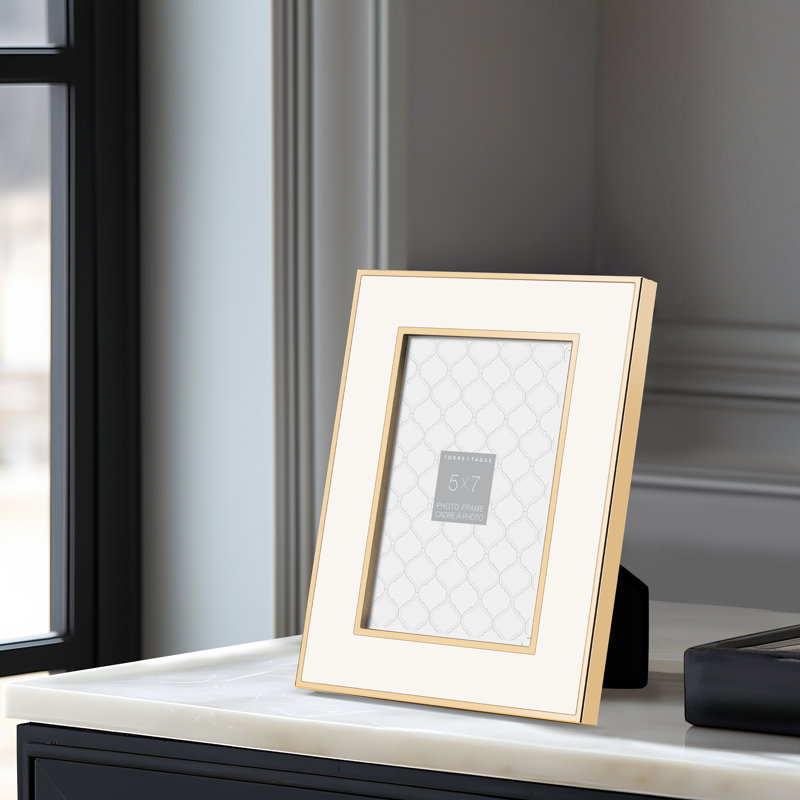 Elegant White and Gold Metal Enamel Picture Frame, 5" x 7"