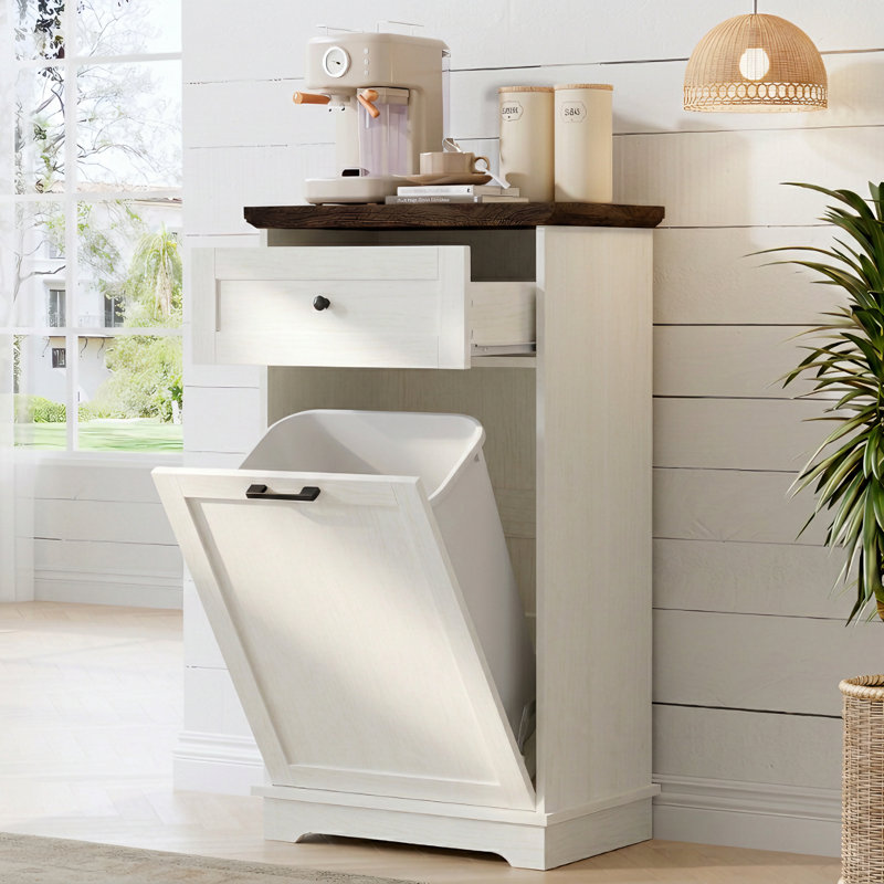 Tilt Out Trash Cabinet with Drawer, Wooden Hidden Garbage Bin Holder, Freestanding Kitchen Trash Can Storage Cabinet, Waste Bin Hideaway Station for Kitchen Dining Room