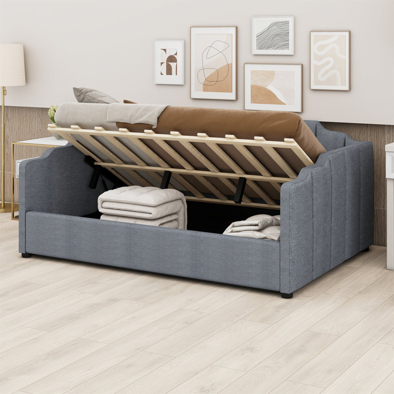 Lit de jour rembourré avec rangement inférieur, Gris