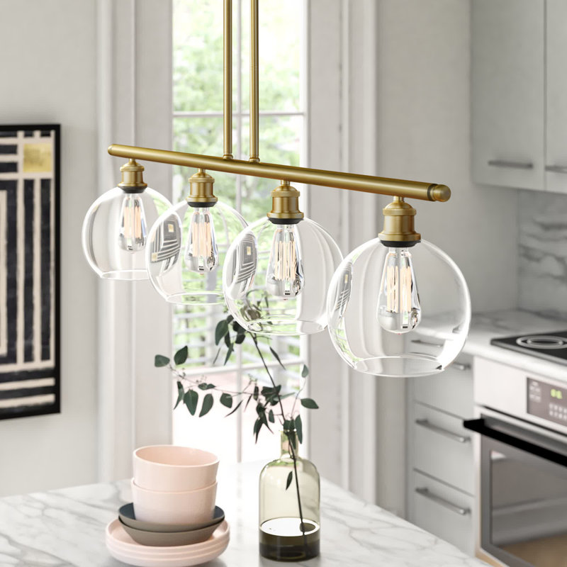 Baptista 4 - Light Kitchen Island Pendant, Clear, 6 Watt Vinage LED Bulb, Polished Nickel