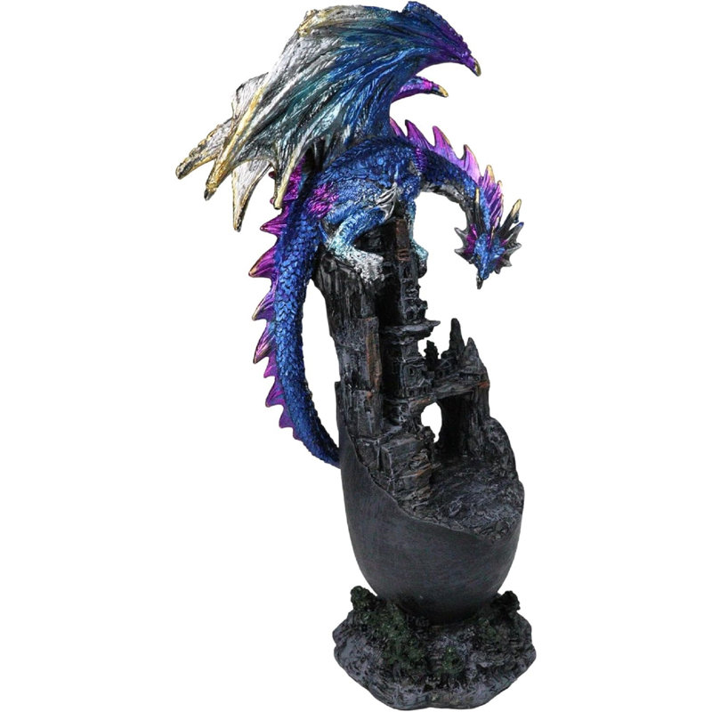 Figurine médiévale dragon bleu perché sur une tour de château abandonnée 12 "H