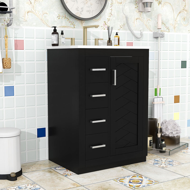Meuble-lavabo autoportant contemporain avec lavabo en céramique, porte à fermeture en douceur et rangement spacieux, Black