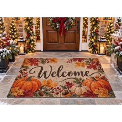 5' x 7' Outdoor Area Rug Welcome Pumpkins Fall Leaves Beige Heavyweight Solid Waterproof PVC Coil Loop Carpet, Heavy Duty Patio Rug, Quick Dry Indoor Outdoor Mat for Porch Entryway Large Doormat