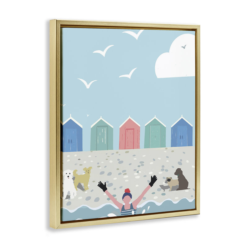 «Dog Friends on Beach» par Betty Boynes, Cadre flottant métallique doré, H 21 po x l 17 po