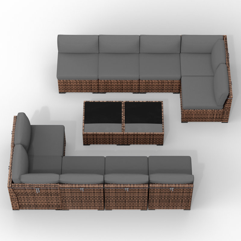 Ensemble de conversation modulaire en rotin pour 10 personnes avec coussins, Bourgogne