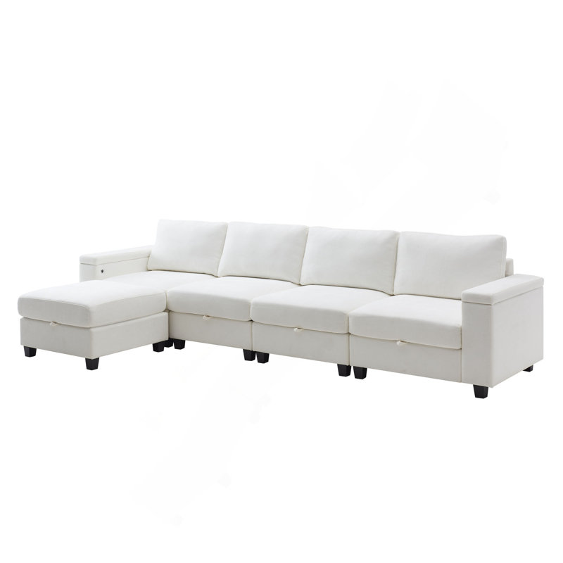 Canapé de rangement modulaire de 131 po avec repose-pieds - ports USB / Type-C, tissu chenille, fonction de canapé-lit et assemblage facile