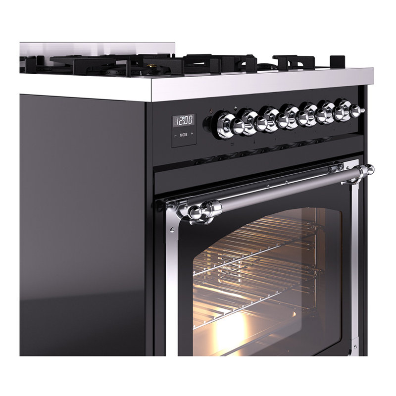 ILVE Nostalgie II Noblesse 30 in Dual Fuel Range, Glossy Black/Chrome, Natural Gas